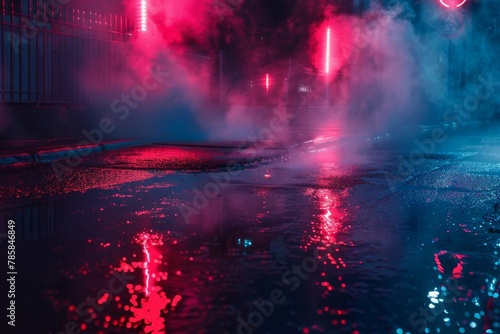 Neon lights and smoke on wet street © InfiniteStudio