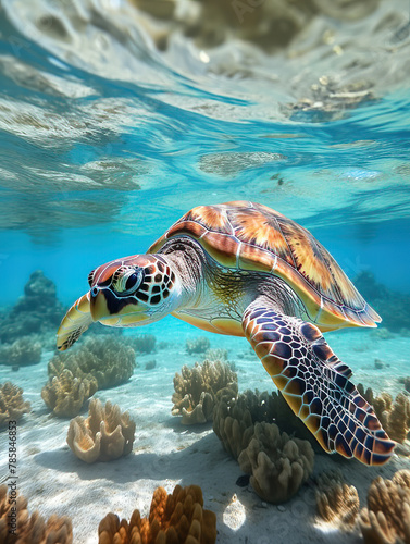 green sea turtle swimming under the sea. Green sea turtle approaching water surface. Turtles swimming in the clear sea surface with shallow coral reefs.