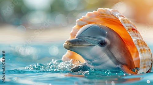 banner background National Dolphin Day theme, and wide copy space, A dolphin peeking out of a giant seashell with a surprised expression, for banner