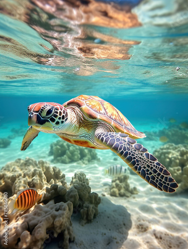 green sea turtle swimming under the sea. Green sea turtle approaching water surface. Turtles swimming in the clear sea surface with shallow coral reefs.