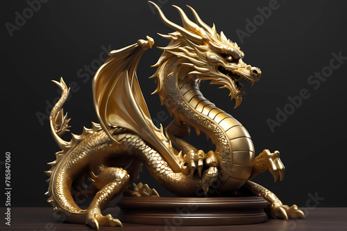Chinese new year 2024 golden wooden dragon statue with dark background © budiawan