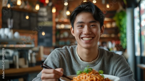 Happy Asian young man enjoying a meal in a cozy restaurant  concept of urban lifestyle and gastronomy  reflecting joy in culinary experiences
