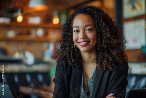 Portrait of an African American businesswoman in a blazer with curly hair