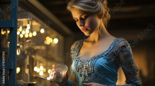 Cinematic shot of a beautiful woman with long blonde hair wearing a blue shirt, standing in front of a glass case full of futuristic electronic equipment at night in a dark room. Created with Ai