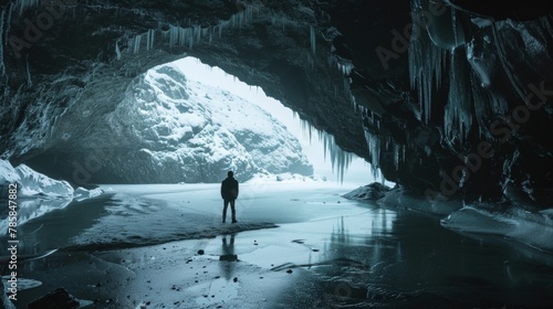 A solitary figure stands at the entrance of an icy cave back to the camera. The dark foreboding opening contrasts with the stunning . .