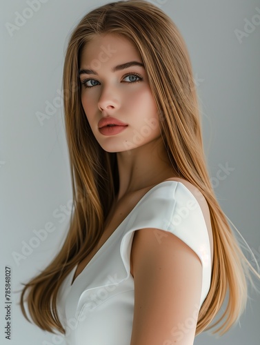 closeup woman long hair wearing white dress girl portrait thin lips robust young desirable female android pale
