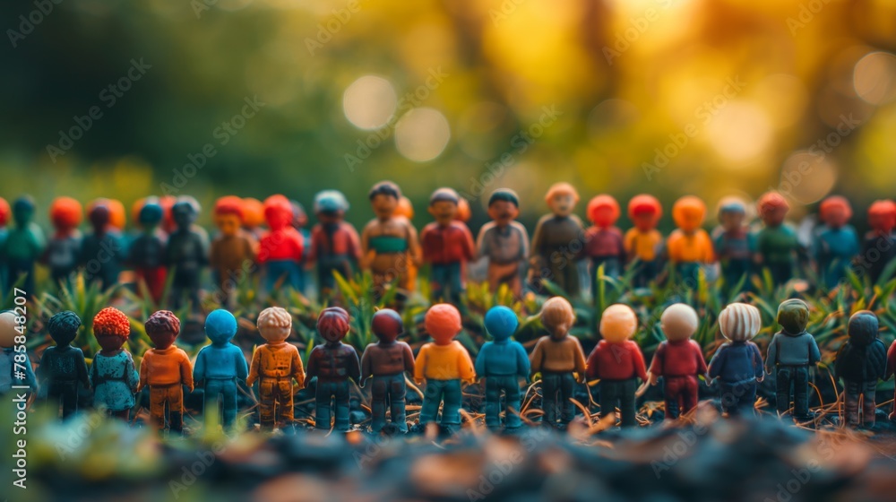 Obraz premium Colorful miniature figures assembled outdoors, symbolizing diversity and community, concept of societal structures and unity