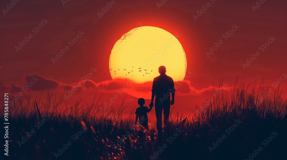 Silhouetted father and child against a giant setting sun, concept of family bonding and childhood memories