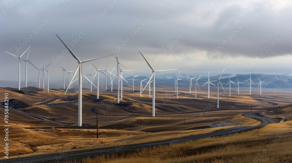 Rows of towering wind turbines dot the landscape harnessing the power ...