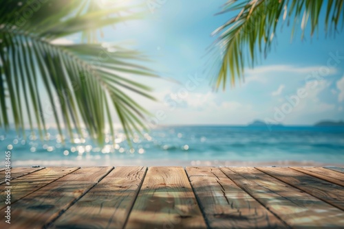 Sunny tropical beach landscape with palm trees and a wooden foreground