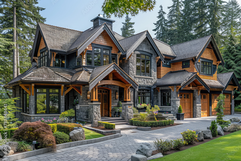  A stunning luxury home in the Pacific Northwest, featuring large windows and an elegant front entrance with stone accents. The house is made of wood and has dark tones. Created with Ai