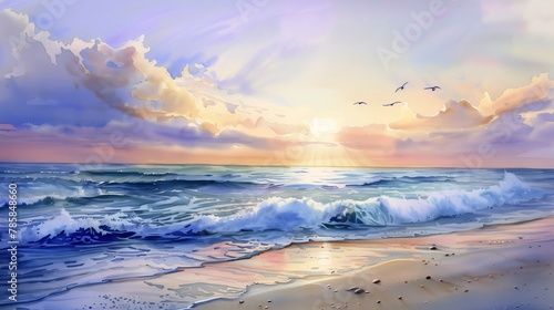 sunset ocean birds flying deep white sparkles sunlight beams bright seas background beyond physical realm
