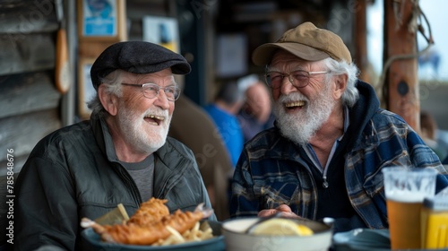 Two elderly men in caps sharing a hearty laugh over a meal with fish and chips at an outdoor eatery  concept of friendship and joy in retirement
