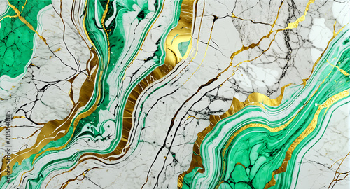 Abstract marble background in white turquoise green color with gold veins.generative AI photo