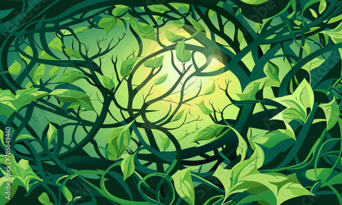 Green vines and jungle against the background of the sun, vector background