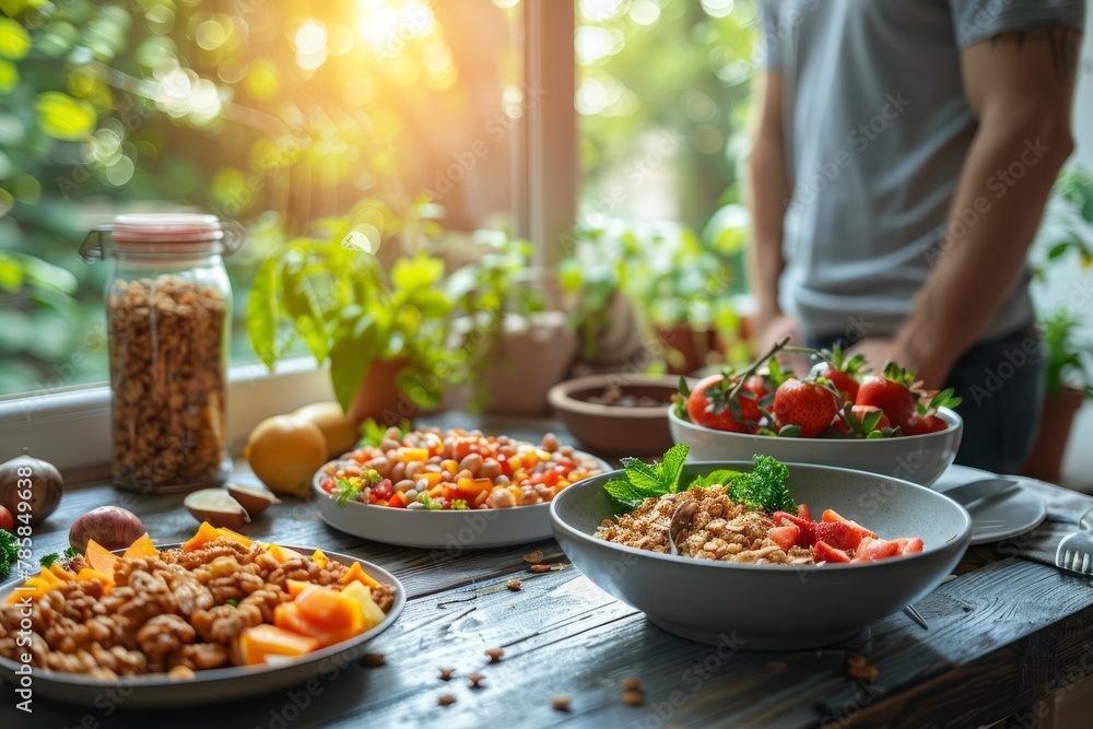 A man in a home kitchen with an array of fresh vegetables and bowls of salad. A man in a home kitchen with an array of fresh vegetables and bowls of salad.