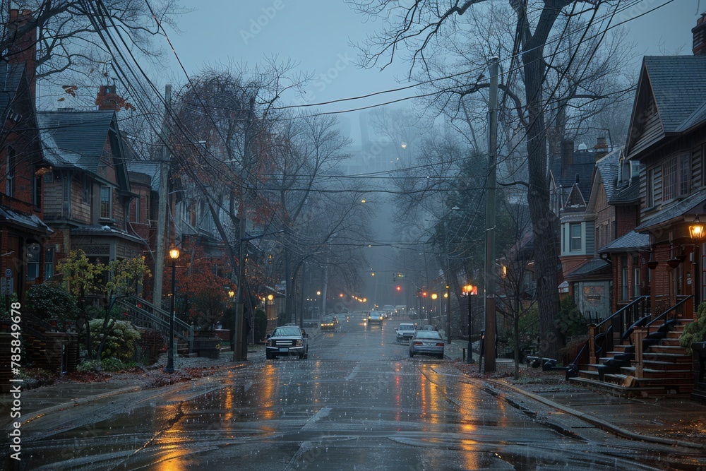 A wet street at dawn with lit streetlights and a soft glow through foggy air.