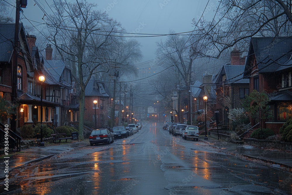 A wet street at dawn with lit streetlights and a soft glow through foggy air.