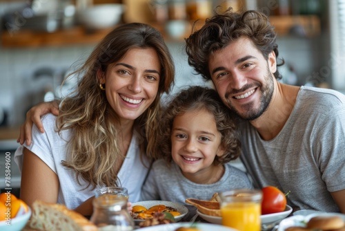 A cheerful family enjoys a hearty breakfast together  sharing joy and laughter in a bright kitchen.