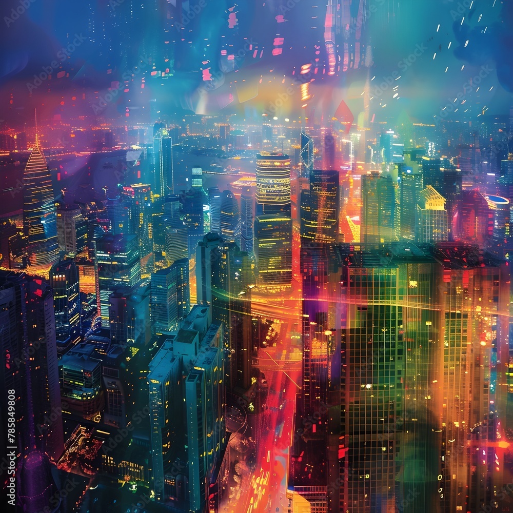 Vibrant High Tech Cityscape with Digital Color Bursts Symbolizing Thriving Business