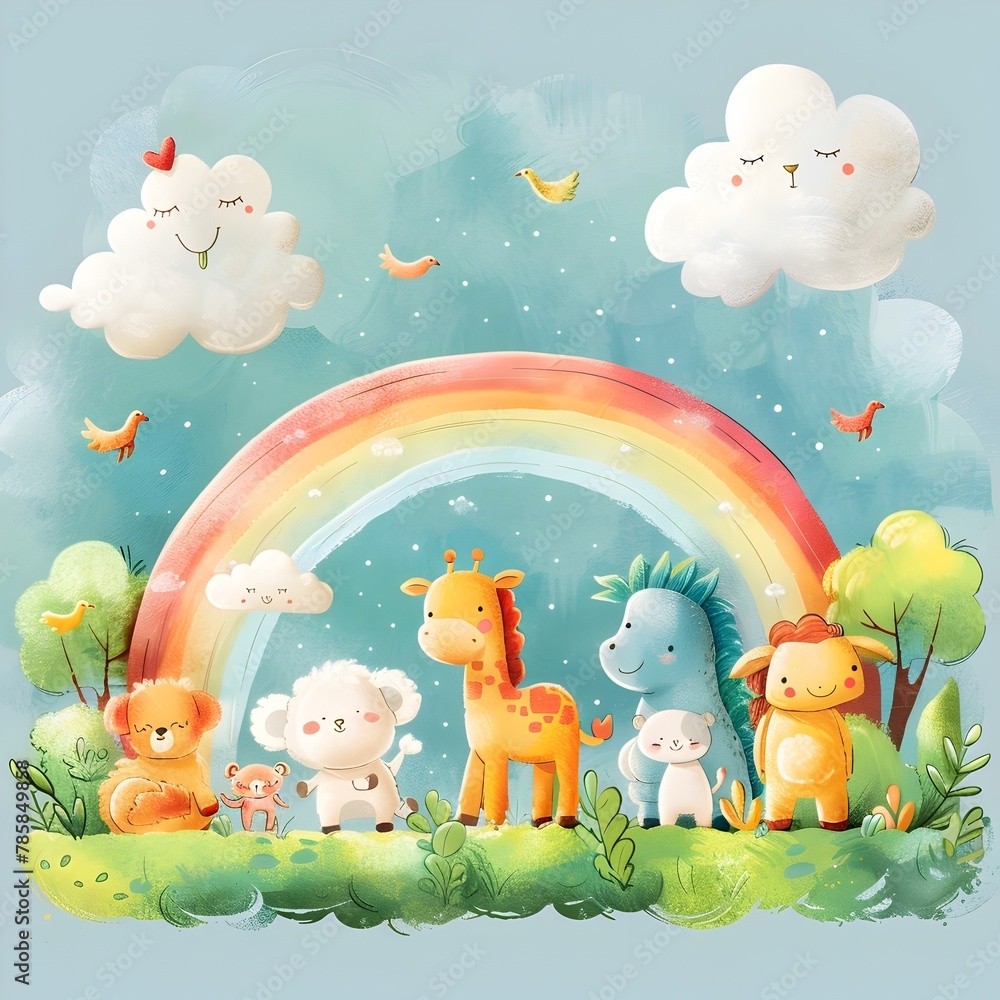 Obraz premium Adorable Fluffy Animals Prancing Under Colorful Pastel Rainbow in Serene Whimsical Landscape