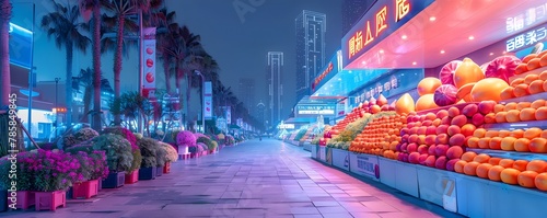 Neon Lit Futuristic City Street Transformed into an Open Air Art Gallery with Fruit Inspired Sculptural Installations