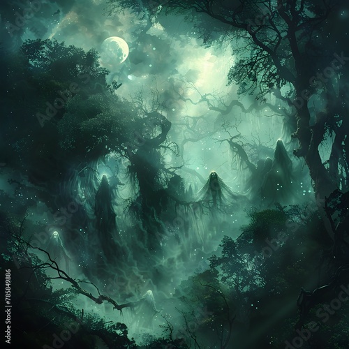 Ethereal Spirits Weaving Magical Enchantments in Moonlit Enchanted Forest Glade