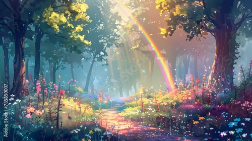 Enchanting Anime Inspired Forest Landscape with Vibrant Rainbows Whimsical Flora and Misty Atmosphere © Nurfadeelah