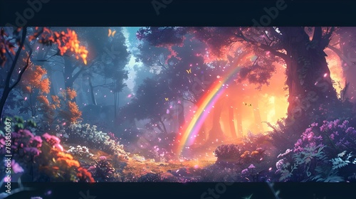 Enchanting Anime Inspired Woodland Wonderland with Vibrant Rainbows and Whimsical Creatures