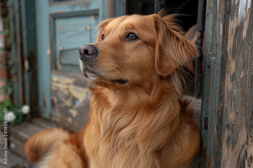 Golden Retriever sitting by an aged blue door, looking up with a hopeful expression.
