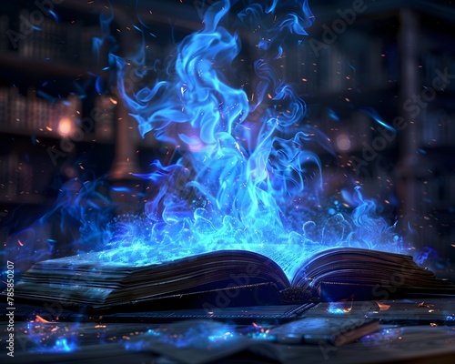 Mesmerizing Blue Flames Enchanting the Pages of Powerful Tomes in a Mysterious Darkened Library