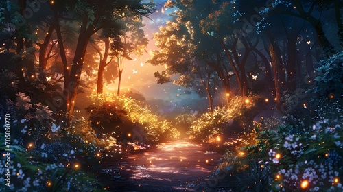 Enchanted Forest Pathway Filled with Mystical Illumination and Whimsical Creatures © Nurfadeelah