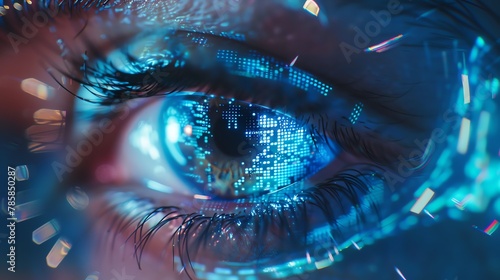 Futuristic eye with holographic retina display, close view, low light ambiance