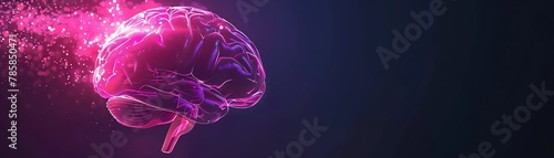 Neon pink brain on dark backdrop, lateral view, high contrast, simple frame photo