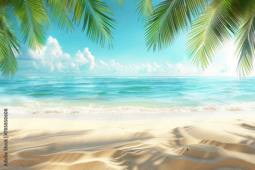 Fototapeta premium Sandy beach with palm leaves foreground and water glints.