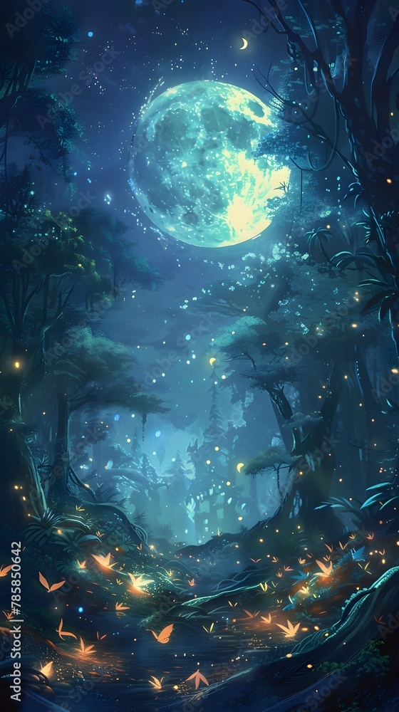 Moonlit Enchanted Grove Illuminated by Glowing Fairy Spells in the Darkness