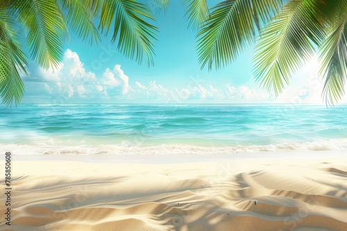 Sandy beach with palm leaves foreground and water glints. © InfiniteStudio