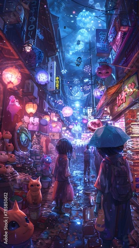 Vibrant Neon Lit Pastel Fantasy Market with Curious Magical Characters Conducting Business