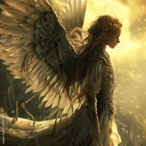 woman wings field intense glow coming beings light technology angel plastic armor saints hero large white side profile