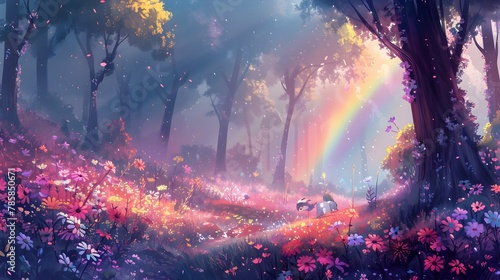 Enchanting Anime Inspired Forest Filled with Vibrant Rainbows Whimsical Creatures and Lush Pastel Flora