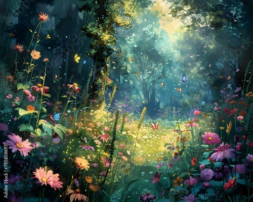 Serene Pastel Flower Garden with Mysterious Glowing Blooms and Fairies in Twilight