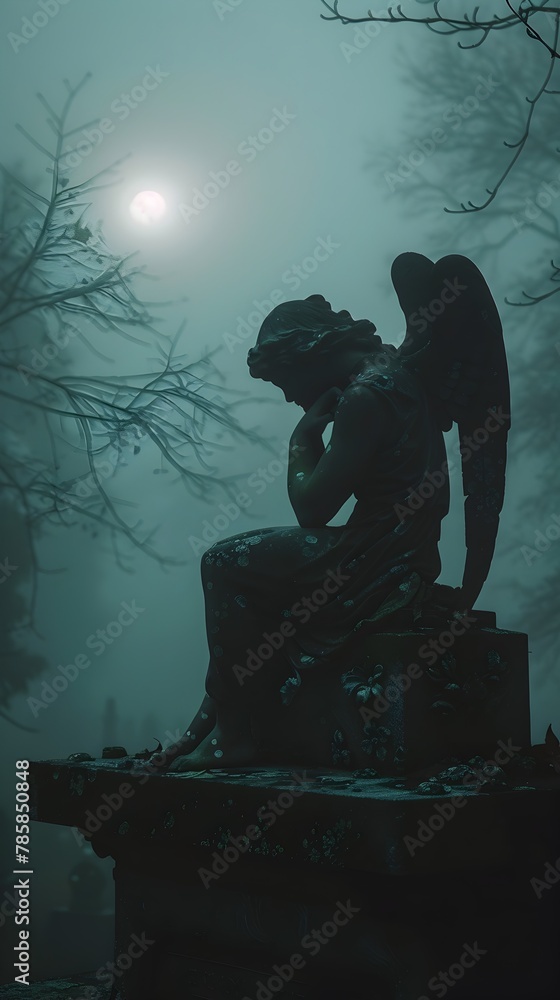 Solitary Cupid in Fog Shrouded Graveyard Reflects Melancholic Atmosphere of Mystery and Sorrow Solitary Cupid in Fog Shrouded Graveyard Reflects Melancholic Atmosphere of Mystery and Sorrow