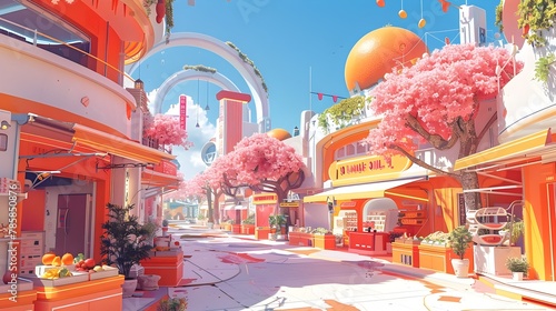 Pastel Toned Futuristic Street with Vibrant Fruit Themed Food Stalls and Modern Architectural Displays