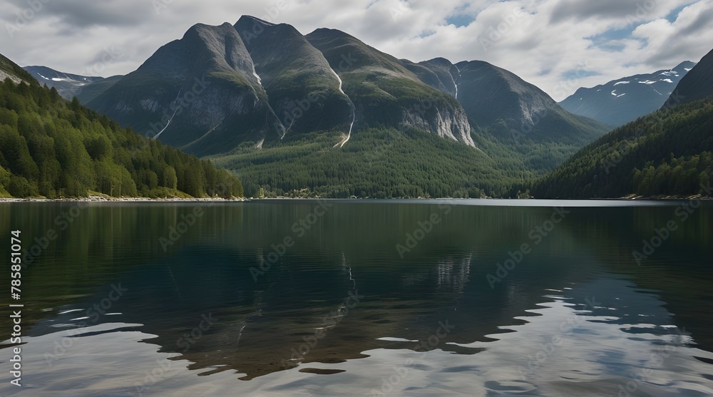 A view of the beautiful Lake Lovatnet surrounded by mountains in Central Norway.generative.ai A view of the beautiful Lake Lovatnet surrounded by mountains in Central Norway.generative.ai