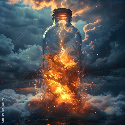 **Surrealist weather in the bottle, a huge tornado from the sky with turbulence clouds and scary lightning storm --s 750 --v 6.0 --style raw** - 