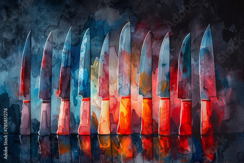 Watercolor pictures of various types of knives. photo