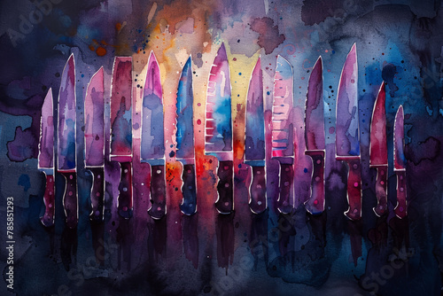 Watercolor pictures of various types of knives. photo
