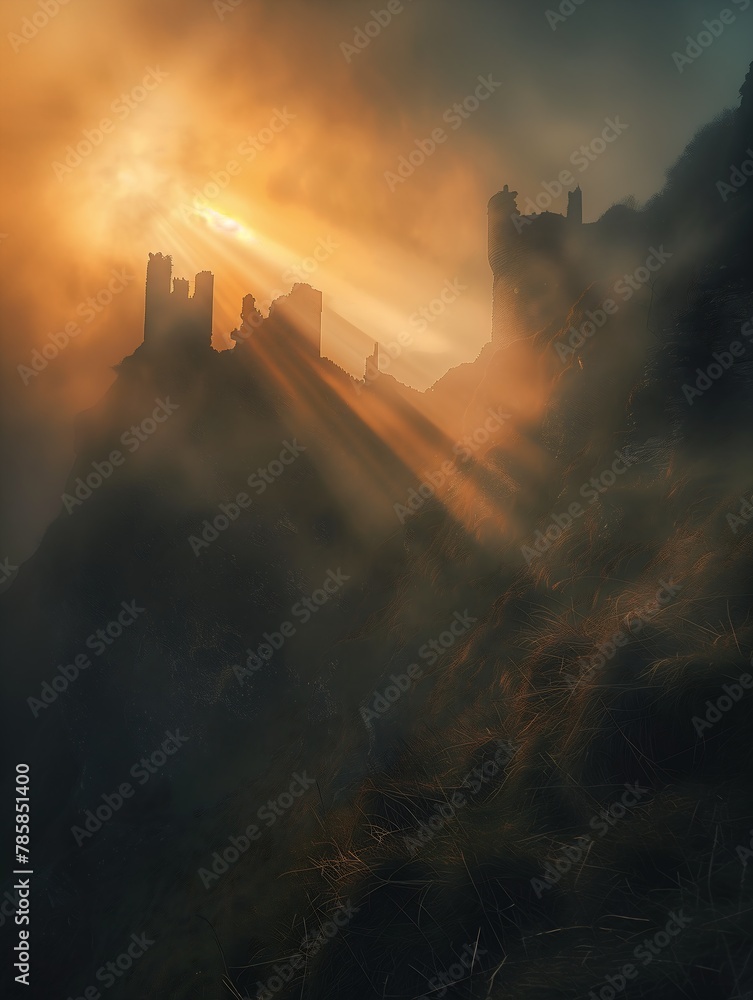 sunlight shining clouds castle hill fog surrounds yorkshire opening portal land ruins last light mountain top