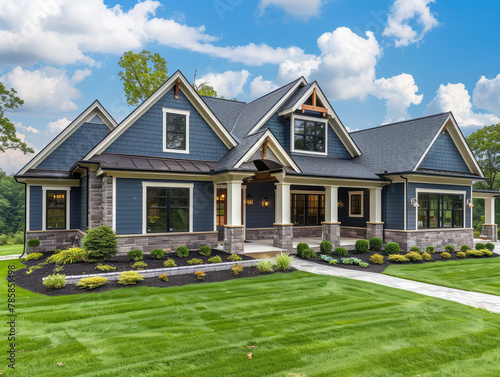A photo of an modern farmhouse style home with navy blue accents, on the grassy yard in michigan. Created with Ai