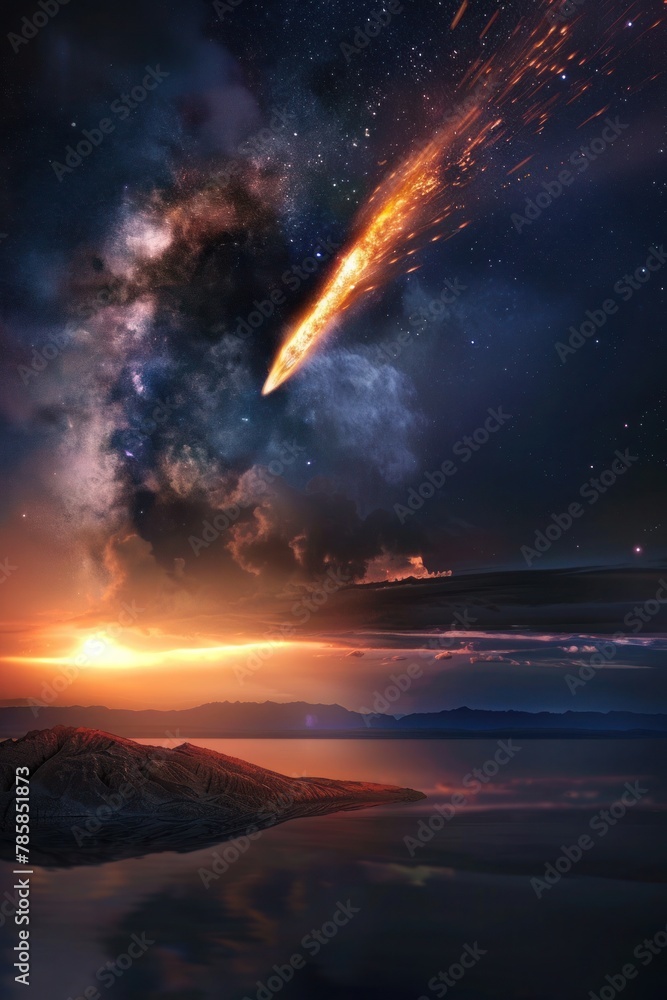 Fototapeta premium Burning comets and meteors streak across the sky, hurtling towards the Earth with fiery intensity, illuminating the darkness